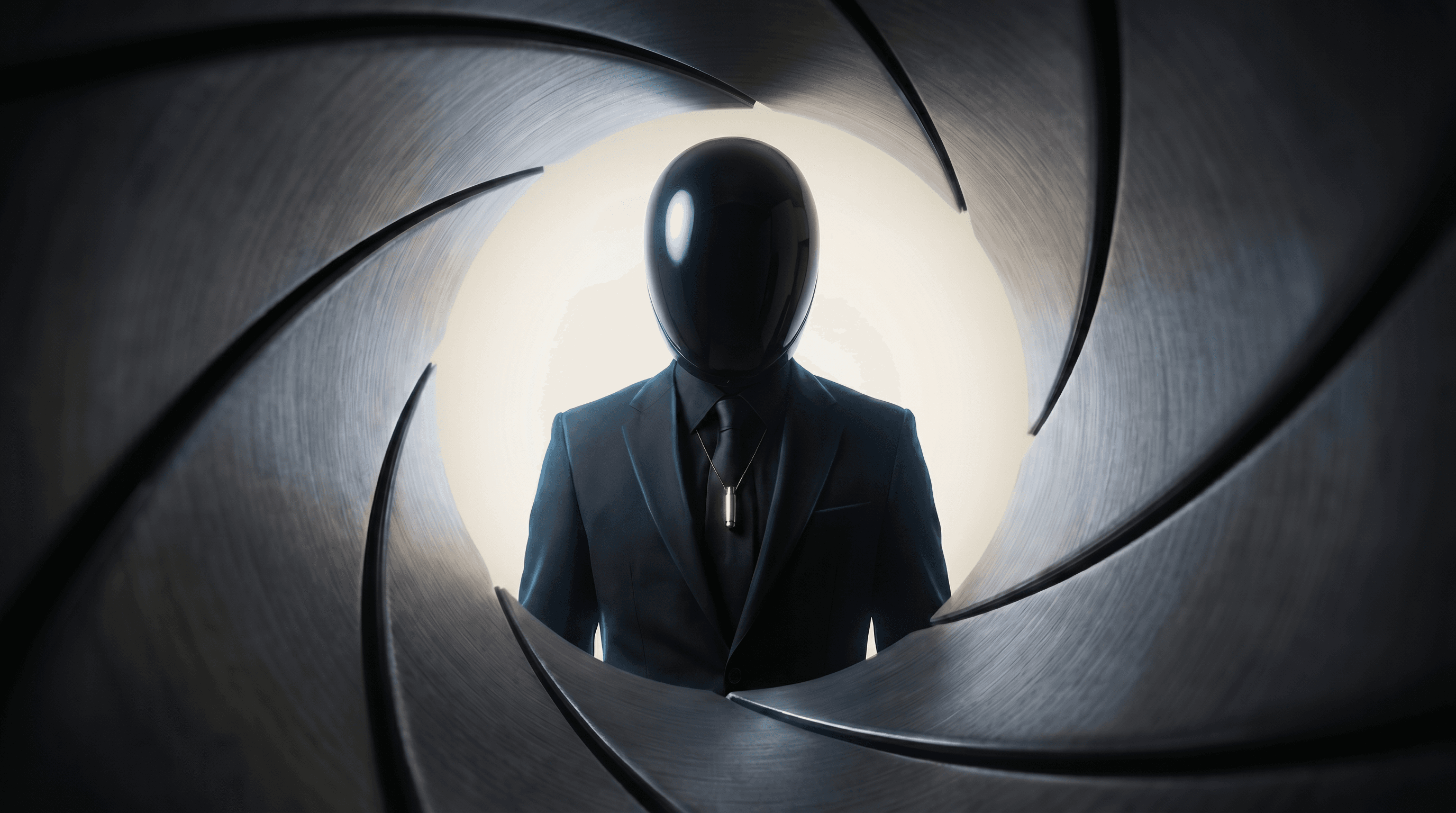 Wear Metal, figure in suit wearing titanium cartridge pendant, framed in a polished iris
