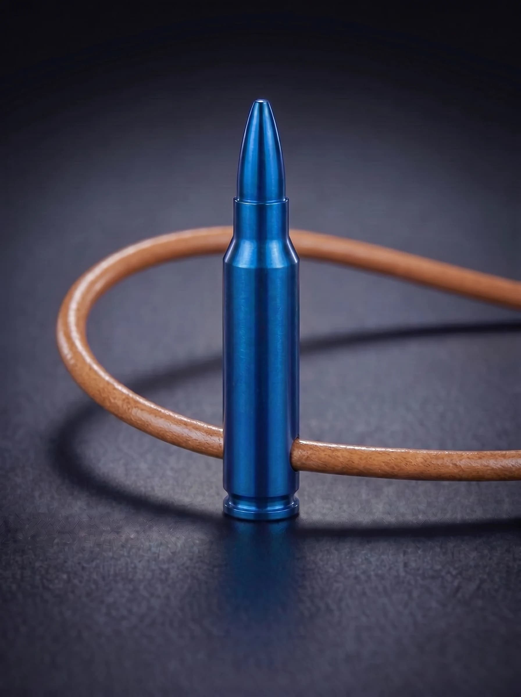 Rifle Cartridge in blue on original leather cord, view 1
