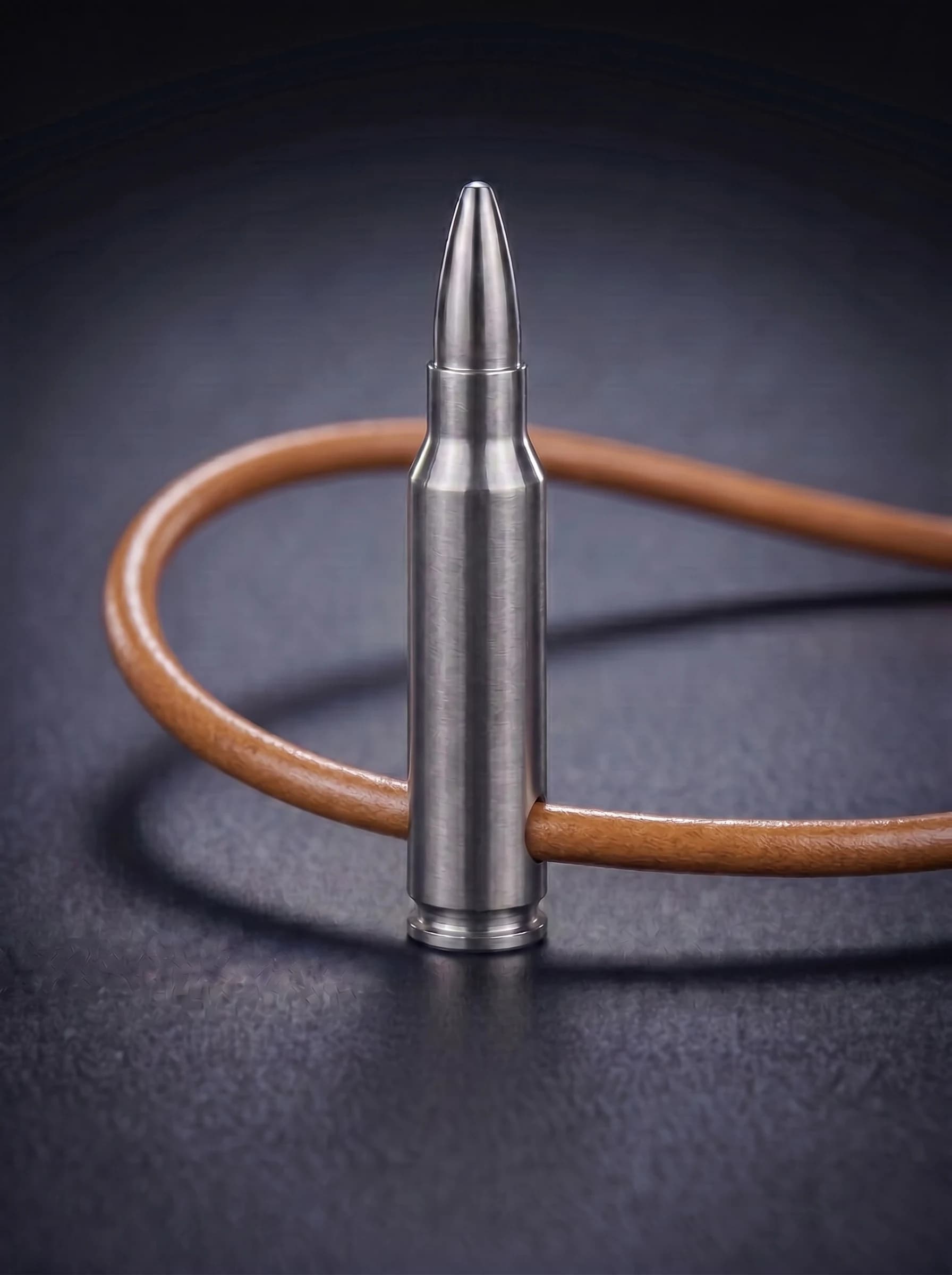 Rifle Cartridge in natural titanium on original leather cord, view 1