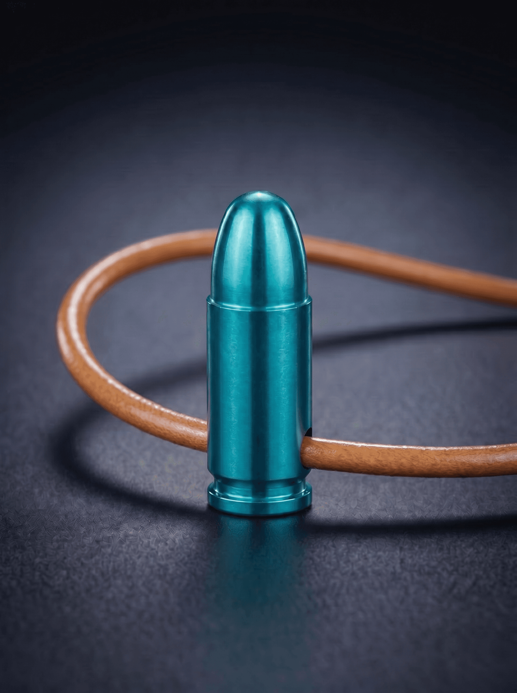 Pistol Cartridge in green on original leather cord — view 1 — Wear Metal